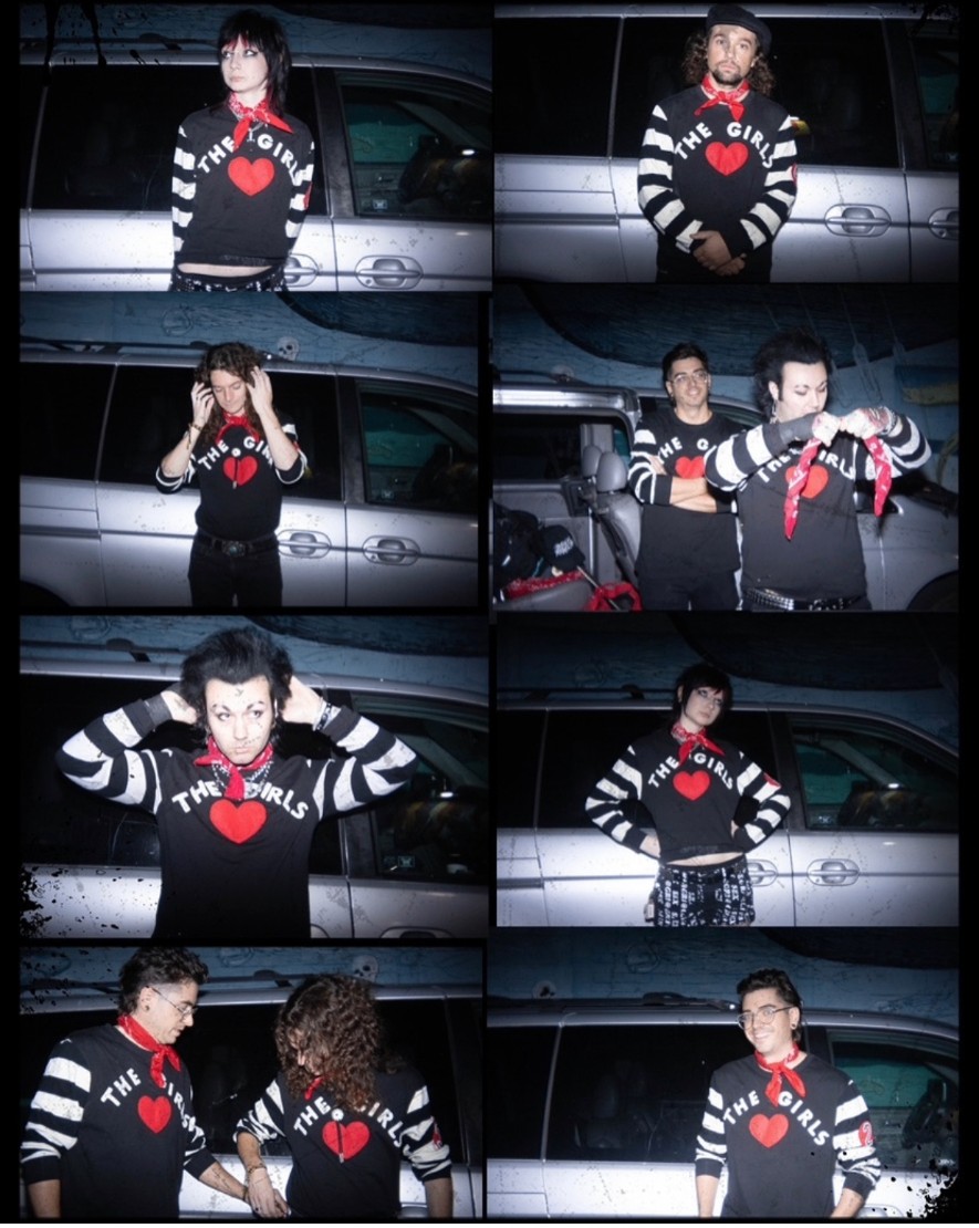 The Girls in matching heart shirts outside the van
